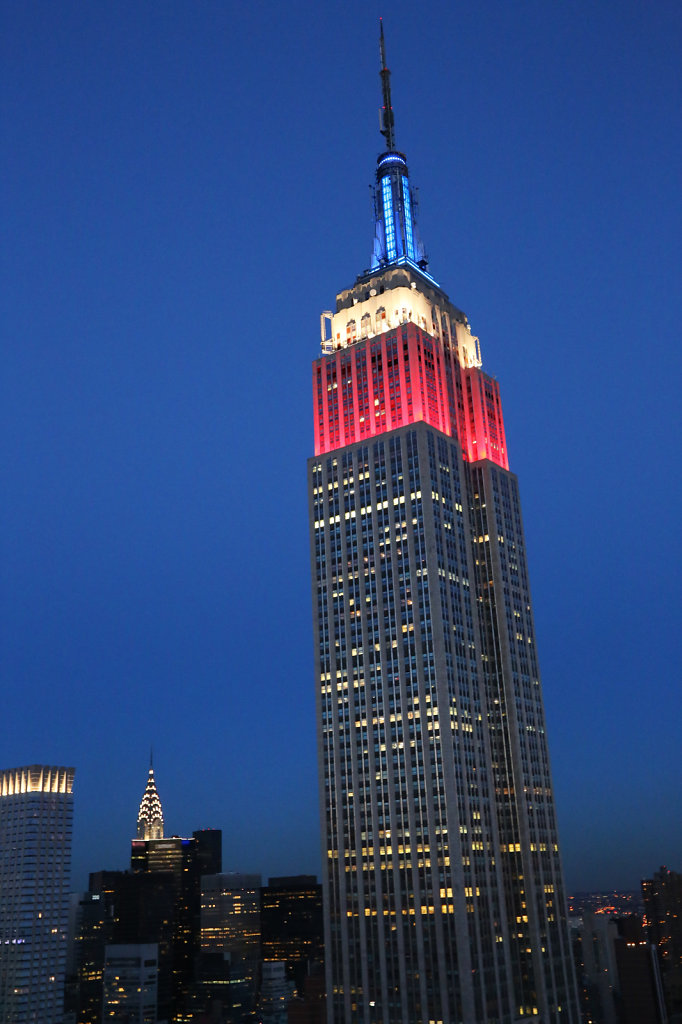 Empire State Building Lit up Red White and Blue